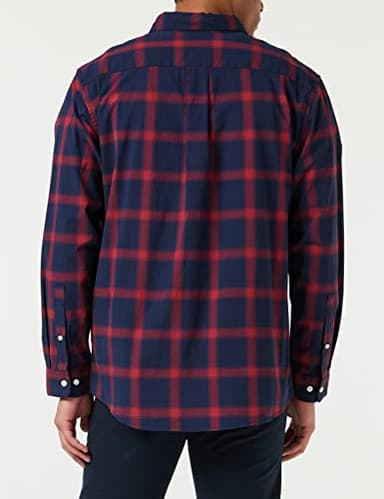 Amazon Essentials Men's Long-Sleeve Regular-Fit Stretch Poplin Shirt, Navy Red Buffalo Plaid, Large - Image 4