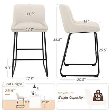 LUE BONA 26 Inch Counter Height Bar Stools Set of 4, Linen Upholstered Barstools, Barstool with Back, Comfortable Bar Chairs, Modern Counter Stools for Kitchen Counter Island - Image 2