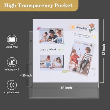 Mublalbum 12x12 Inch Large 3 Ring DIY Scrapbook Photo Album with 40 Plastic Sleeves 80 Pages Linen Cover Folder Binder for Baby Travel Wedding Couple Anniversary and DIY Projects (Black) - Image 4