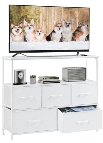 DUMOS TV Stand Dresser for Bedroom Entertainment Center with 5 Fabric Drawers Storage Organizers Units, Media Console Table with Open Shelf up for 45" Television for Living Room, Dorm, White - Image 1