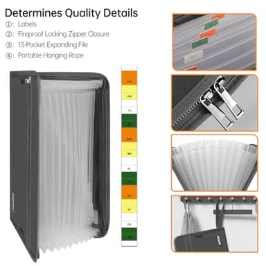 ENGPOW Accordion File Organizer,Fireproof 13 Pockets Expanding File Folder,Document Organizer Folder with Zipper＆Labels,Portable Home Travel Safe Storage for Letter A4 Files and More,Gray - Image 5