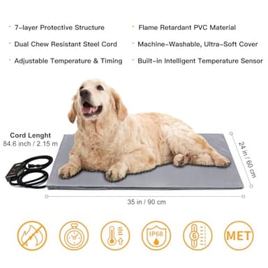 Toozey Large Pet Heating Pad, 6 Adjustable Temperature Dog Cat Heating Pad with Timer, Waterproof Heated Dog Bed with Chew Resistant Cord, Indoor Electric Pet Heated Mat 35x24in - Image 2