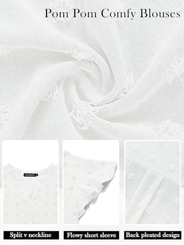MEROKEETY Women Summer V Neck Ruffle Short Sleeve Blouse Swiss Dot Flowy Shirt Tunic Top White Large - Image 5
