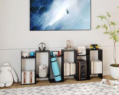 Yusong Bookshelf 6-Tier, Geometric Bookcase S Shaped Book Shelves for Bedroom, Modern Wood Decorative Display Shelf Tall Book Case for Home Office, Black - Image 4