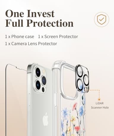 GVIEWIN for iPhone 14 Pro Case Floral, with Screen Protector+Camera Lens Protector,[Non Yellowing]Slim Shockproof Clear Phone Protective Cover for Women, Flower Pattern Design 6.1"(Aconite/Light Blue) - Image 7