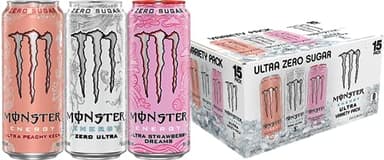 Monster Energy Ultra Variety Pack, Zero Ultra, Ultra Peachy Keen, Ultra Strawberry Dreams, Sugar Free Energy Drink, 16 Ounce (Pack of 15) - Image 1