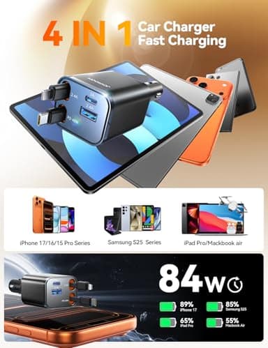 [2025 Ultra-Compact] 84W Retractable Car Charger, [PD 45W] Car Charger USB C for iPhone 16 17 Pro Fast Charging, Car Accessories Travel Essentials Gifts for Women Men for iPhone 17 Air 16 15 14 13 12 - Image 4