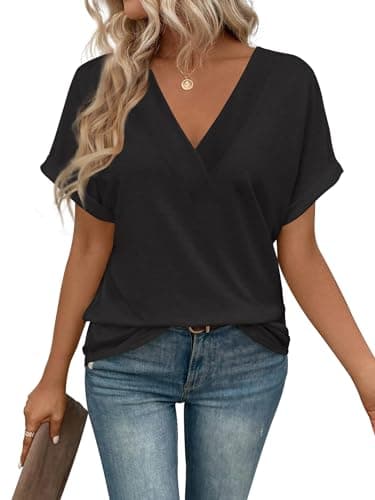 EyMuse Womens Tshirts V Neck Short Sleeve Tee Solid Color Blouse Loose Fit 2024 Summer Casual Tops Black,L - Image 1
