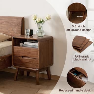 Vadisun Walnut Nightstand Set of 2, Solid Wood Nightstand with Drawers and Open Storage Shelf, Mid Century Modern Nightstands, Wood End Table for Bedroom, Walnut Bedside Table Set of 2(23.23" H) - Image 6