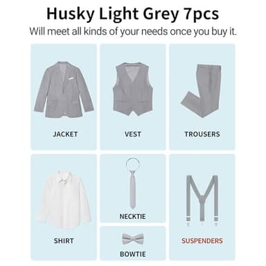 PACOROMANO Boys Suit Toddler Boy Light Gray Husky 7 Pcs Suspenders Suit Set Boys' Formal Suits Size 20 Kids Ring Bearer Outfit Suits Dress Clothes Tuxedo for Teenage Boy - Image 3