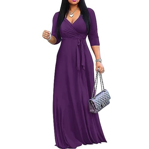 FANDEE Women's 2025 Maxi Dress - Solid Color Bohemian Summer Long Maxi Dress V-Neck 3/4 Sleeve Perple M - Image 1