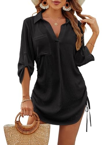 Blooming Jelly Womens Bathing Suit Cover Up Swimsuit Coverup Beach Dress Bikini Drawstring Swimwear Cover ups(XX-L, Black) - Image 1