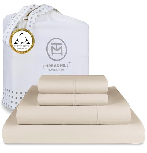 Threadmill Egyptian Cotton Queen Sheet Set | 100% Certified Egyptian Cotton Bed Sheets for Queen Size Bed | Queen Bed Sheets Set with Snug Fit 16" Deep Pocket | Soft Cooling Sateen Bedding Set | Beige - Image 1