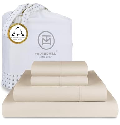 Threadmill Egyptian Cotton Queen Sheet Set | 100% Certified Egyptian Cotton Bed Sheets for Queen Size Bed | Queen Bed Sheets Set with Snug Fit 16" Deep Pocket | Soft Cooling Sateen Bedding Set | Beige - Image 1