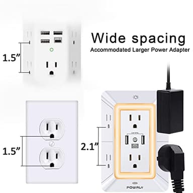 POWRUI Multi Plug 6 Outlet Surge Protector Extender with 3 USB Ports (1 USB C) and Night Light, 3-Sided Power Strip with Adapter Spaced Outlets, ETL Listed, White - Image 7
