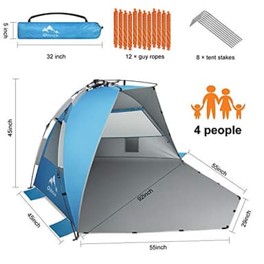 Oileus X-Large 4 Person Beach Tent Sun Shelter - Portable Sun Shade Instant Tent for Beach with Carrying Bag, Stakes, 6 Sand Pockets, Anti UV for Fishing Hiking Camping, Waterproof Windproof, Blue - Image 2