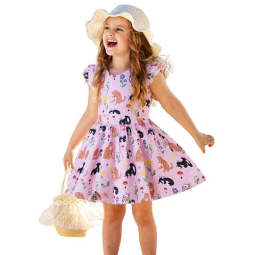 Kids Girl Short Sleeve Dress Cotton Casual Easter Floral Kitten Print Spring Summer Basic Shirt Dresses 7 Years - Image 1