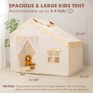 PIIKAGO Kids Play Tent with Mat - Kids Tent Indoor with Star Lights and Flags, Toddler Tent for Kids Ages 3-8, Toddler Playhouse for Girls Boys, 57" x 35" x 47" (Beige) - Image 5
