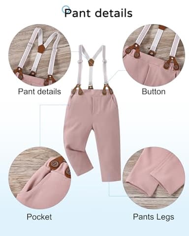 YALLET Toddler Baby Boy Clothes Suit Gentleman Wedding Outfits, Formal Dress Shirt+Bowtie+Suspender Pants(Pink, 3-4T) - Image 4