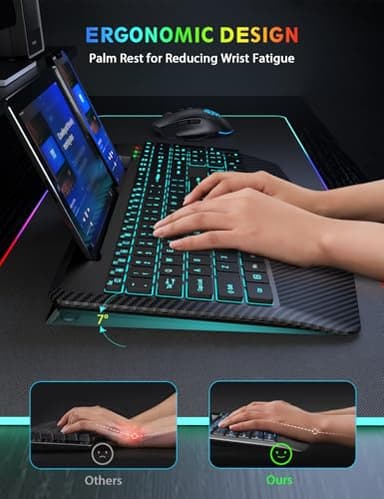 Wireless Keyboard and Mouse Backlits, Wrist Rest, LED Mouse, Rechargeable Ergonomic Keyboard with Phone Holder, Silent Light Up Combo for Computer, Mac, PC, Laptop, Chromebook (Black) - Image 3