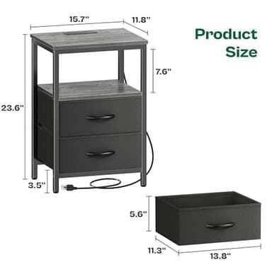 Huuger Night Stand with Charger Station and LED Lights, 2 Drawer Nightstand, Bed Side Table with Open Shelf, End Table, Fabric Dresser for Bedroom, Grey - Image 3