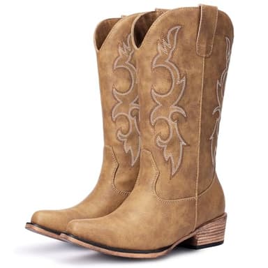 Light Brown Cowboy Boots for Women - Embroidered Cowgirl Boots Western Mid Calf Chunky Heel Pointed Toe Country Boot 8.5 - Image 1