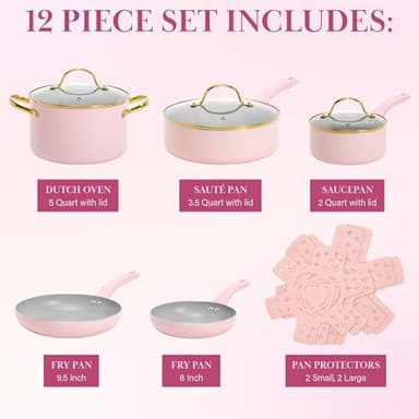 Paris Hilton Epic Nonstick Pots and Pans Set, Multi-layer Nonstick Coating, Tempered Glass Lids, Soft Touch, Stay Cool Handles, Made without PFOA, Dishwasher Safe Cookware Set, 12-Piece, Pink - Image 4