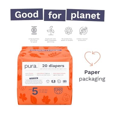 Pura Size 5 Eco-Friendly Diapers (24-35 lbs) Totally Chlorine Free (TCF), Hypoallergenic, Soft Organic Cotton, Sustainable, up to 12 Hours Leak Protection, Allergy UK, 6 Packs of 20 (120 Diapers) - Image 4