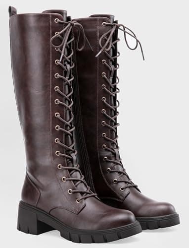 Jeossy Women's Knee High Combat 9603 Boots, Tall Platform Chunky Heel Boot with Lace, Synthetic Leather Long Comfy, Round Toe Boot with Zipper, Whisky, Size 9.5(DJY9603 Whisky 09.5) - Image 6