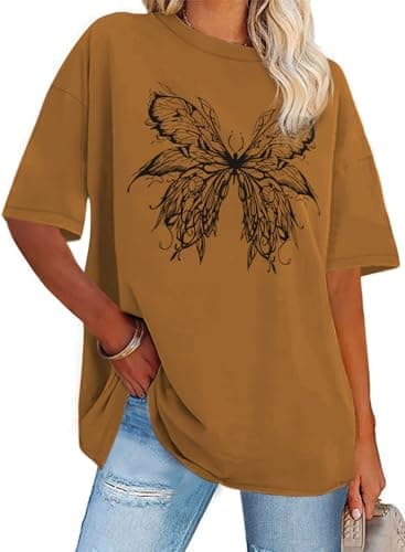Womens Oversized Tshirt Graphic Tees Crew Neck Summer Short Sleeve Loose Fit Tops(Brown Butterfly, XXL) - Image 1