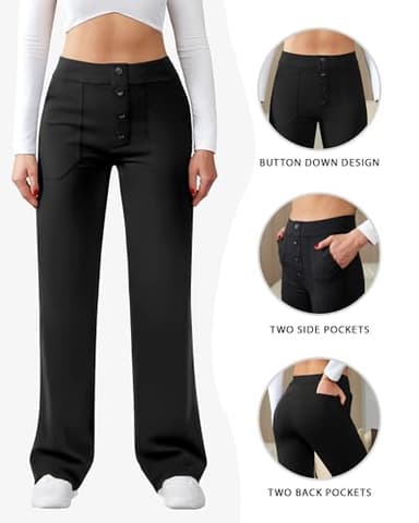 JEKAOYI Womens Casual High Waist Straight Leg Pants Stretchy Button Business Dress Work Pocket Trousers Black - Image 5