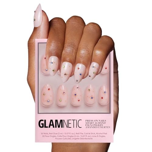 Glamnetic Press On Nails - North Star | Semi-Transparent 3D Multicolor Gems Short Almond Fake Nails, Reusable | 15 Sizes - 30 Nail Kit - Image 1