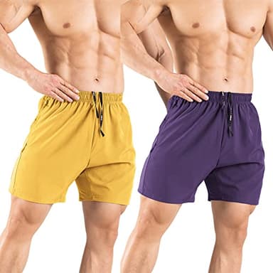 Gaglg Men's 5" Athletic Shorts 2 Pack Quick Dry Athletic Workout Gym Shorts with Zipper Pockets Yellow/Purple,XX-Large - Image 2