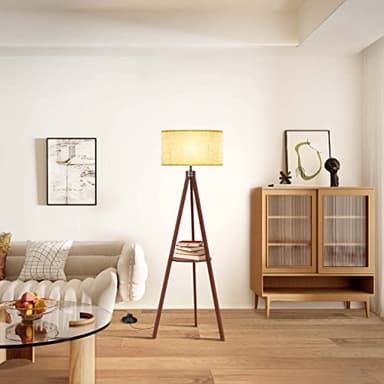 LEPOWER Tripod Floor Lamp, Mid Century Wood Standing Lamp, Modern Design Shelf Floor Lamp for Living Room, Bedroom, Office, Flaxen Linen Shade with E26 Base Brown - Image 6