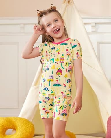 babee Reshinee Bamboo Viscose Toddler Girls Kids Short Sleeve Pajamas 3-4T Years Pink Mushroom Summer Cool Soft 2pcs Set Pjs Pyjamas Jammies - Image 3