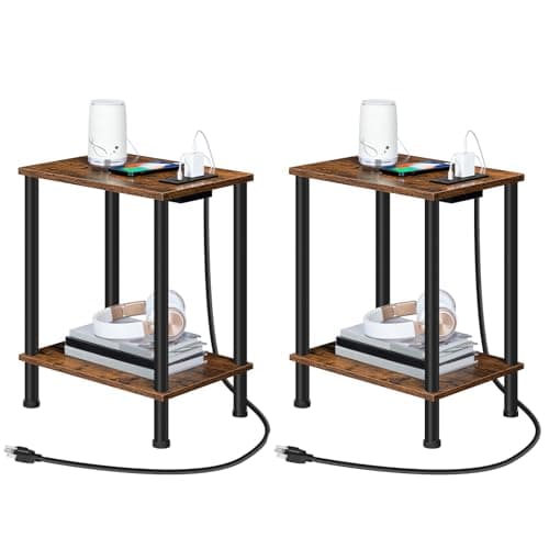 HOOBRO Side Table with Charging Station, Set of 2 End Tables with USB Port and Outlets, Nightstand with 2-Layer Storage Shelves for Small Spaces, Living Room, Bedroom, Rustic Brown BF09UBZP201 - Image 1