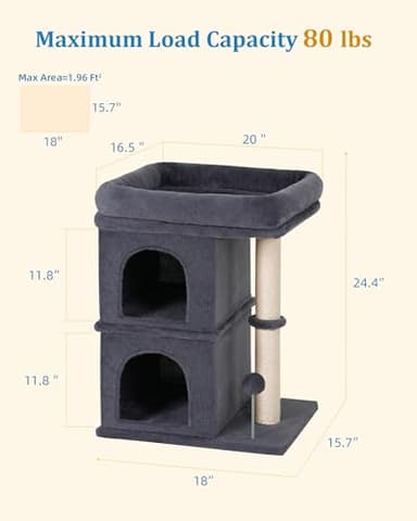 Aechonow 24in Cat Tree Tower with Scratching Post, 19 * 16.5in Window Perch Bed for Large Adult Cats, 2 Small Condo Cubbies for Indoor Kittens, Dark Gray - Image 4