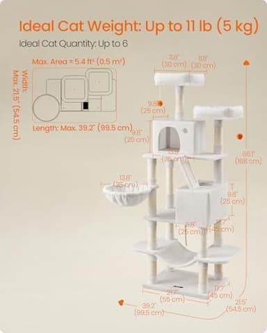 Feandrea Cat Tree, 66.1-Inch Large Cat Tower, Multi-Level Plush Condo with 13 Scratching Posts, 2 Perches, 2 Caves, Basket, Hammock, Pompoms, Cream White UPCT165T01 - Image 5