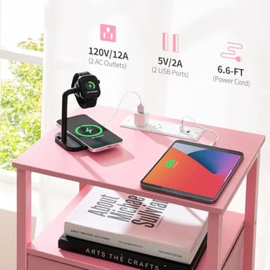 Yoobure Pink Night Stand with Charging Station, LED Nightstand for Bedroom, Bedside Tables with Adjustable Fabric Drawer, 3-Tier End Table Living Room, Small Side Table with Storage - Image 5
