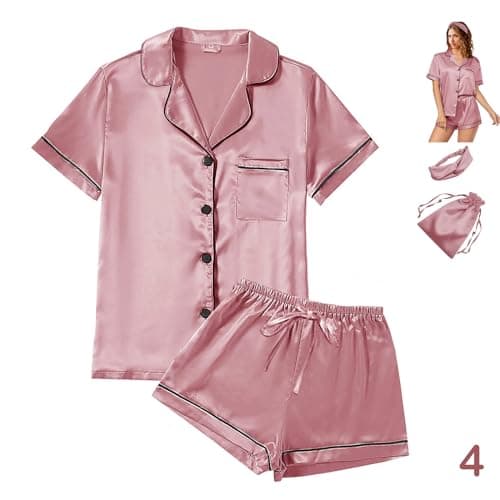 4Pcs Womens Satin Silky Pajama Sets Short Sleeve Shirt XS-4XL Floral Pajamas Set Soft PJ Loungewear Sleepwear - Image 1