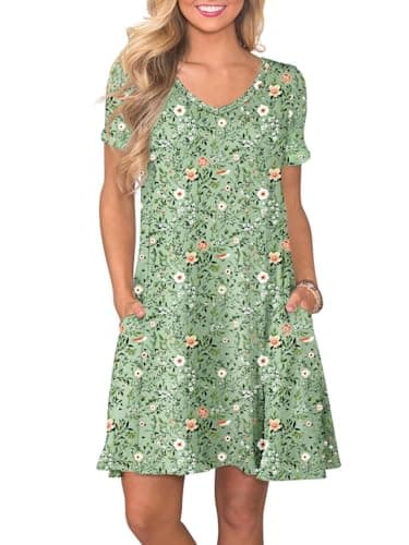 lionstill Women's Plus Size T Shirt Dress Summer Casual Short Sleeve Swing Floral Dresses with Pockets, Green Sparrow Floral 2XL - Image 1