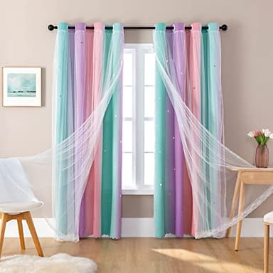 XiDi Dream Star Blackout Curtains for Kids Rooms Girl Princess Curtain for Daughter Bedroom Window (Pink Purple Green, W52 X L84) - Image 2