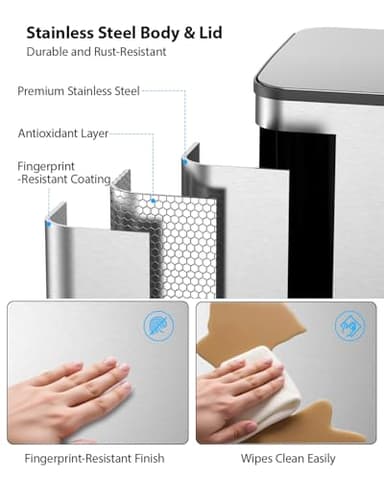 Lovewind Trash Can, 2 x 10.5 Gallon (2 x 40 L) Garbage Can for Kitchen Dual Compartment Recycling Kitchen Step Trash Bin, Stainless Steel Trash and Recycle Bin Combo with Soft-Close Lid, Silver - Image 4