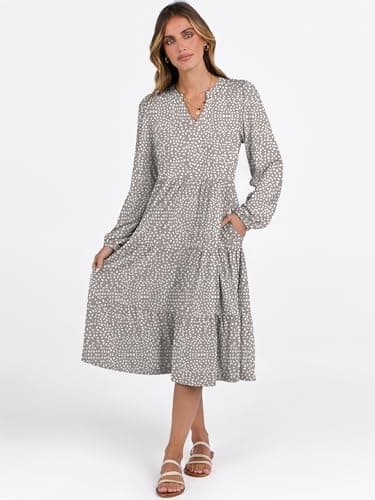 ANRABESS Long Sleeve Midi Dresses for Women V Neck 2025 Fall Fashion Casual Loose Fit Flowy Swing Tiered Vacation Boho Dress Khaki Polka Dot Medium - Image 2