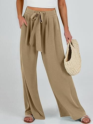 Caracilia Women Wide Leg Palazzo Pants Summer High Waist Flowy Casual Trousers Loose Lounge Beach Travel Vacation Clothes Khaki XX-Large - Image 3