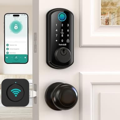 WiFi Smart Door Lock Set: Hornbill Keyless Entry Door Lock Deadbolt with Handle Set Fingerprint Front Door Lock with 2 Knobs Alexa Bluetooth Remote Code Auto Lock for Home Hotel Security Black - Image 4