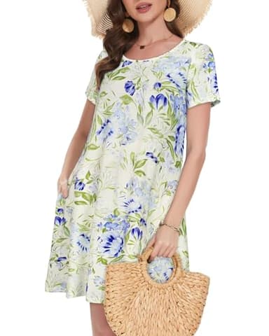 elescat Tshirt Dress Women Summer Pockets Sundresses Plus Size Flowy Cotton Beach Dresses (White Purple Floral, 3XL) - Image 2