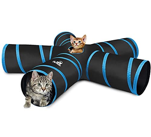 Pawaboo Cat Toys, Cat Tunnel Tube 5 Way Tunnels 25x53cm Extensible Collapsible Play Tent Interactive Toy Maze Cats House with Balls and Bells for Cats Kitten Kitty Rabbit Small Animal, Blue - Image 1