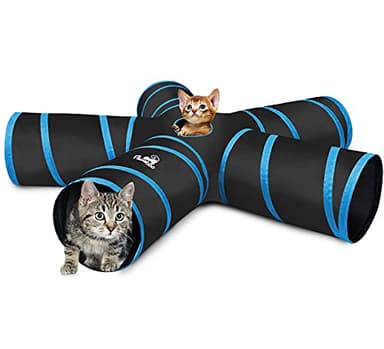 Pawaboo Cat Toys, Cat Tunnel Tube 5 Way Tunnels 25x53cm Extensible Collapsible Play Tent Interactive Toy Maze Cats House with Balls and Bells for Cats Kitten Kitty Rabbit Small Animal, Blue - Image 1
