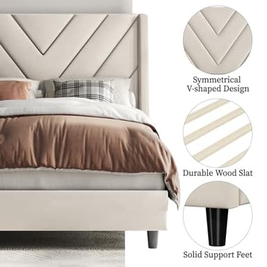 Yaheetech Twin Bed Frame Upholstered Platform Bed with Wing Side/Wooden Slat Support/Tufted Headboard with Wing Side/Mattress Foundation/No Box Spring Needed,Beige Twin Bed - Image 9